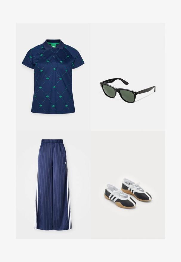 Marineblå polo skjorte laget av glatt stoff, med et grønt blomstermønster og prikket rutenett-design, med klassisk krage og knappestolpe.; Mørkeblå vide bukser med vertikale hvite striper, elastisk midje og tre hvite striper langs hver side, laget av et lett materiale.; Sorte og hvite sportssko med et elegant design, gummisåle, snøring og tre hvite striper på sidene.; Sorte plast-solbriller med grønne linser, firkantede rammer, sølvdetalje på brynene, og teksturerte stangarmen. Angitt merke på indre arm.; Svarte tekstilveske med en strukturert, quiltet mønster. Rund form, korte, tykke håndtak og en myk, fleksibel struktur.