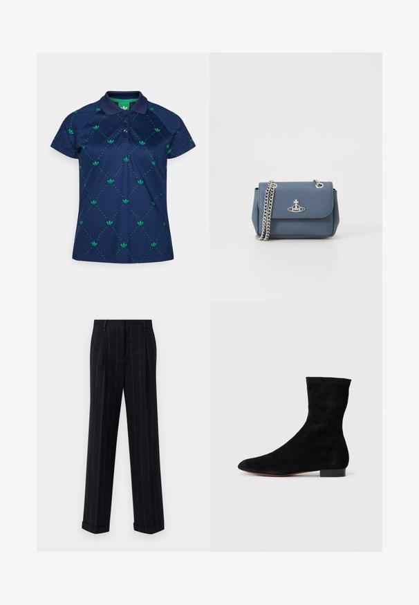 Polo azul-marinho feito de tecido liso, com um padrão floral verde e um design de grelha pontilhada, com um colarinho clássico e placket de botões.; Calças pretas risca de giz com um ajuste sob medida, apresentando uma bainha com dobra e pregas frontais. Feitas de um tecido suave com um design estruturado.; Bota de tornozelo em camurça preta com cano ajustado, bico fino e salto bloco baixo. Textura suave e design minimalista, adequada para estilos versáteis.; Bolsa de mão em imitação de couro texturizado azul, com uma alça de corrente prateada e um detalhe do logotipo na frente. Fecho de clasp com um design em aba.