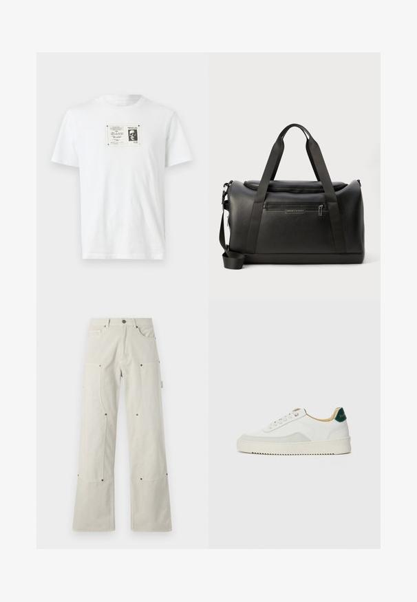 Bílé bavlněné tričko s černobílou grafikou skullu v obdélníkovém rámečku na přední straně. Krátké rukávy, kulatý výstřih.; Široké kalhoty světle béžové barvy vyrobené z bavlny s hladkým povrchem, které mají náprsní kapsy a kovové detaily.; Bílé tenisky se semišovými prvky, kulatou špičkou, plochými tkaničkami a krémovou gumovou podrážkou. Na patě mají zelené logo.; Černý kožený sportovní kufr s texturovaným povrchem, dvojitými horními rukojeťmi, odnímatelným ramenním popruhem a přední kapsou na zip s logem.