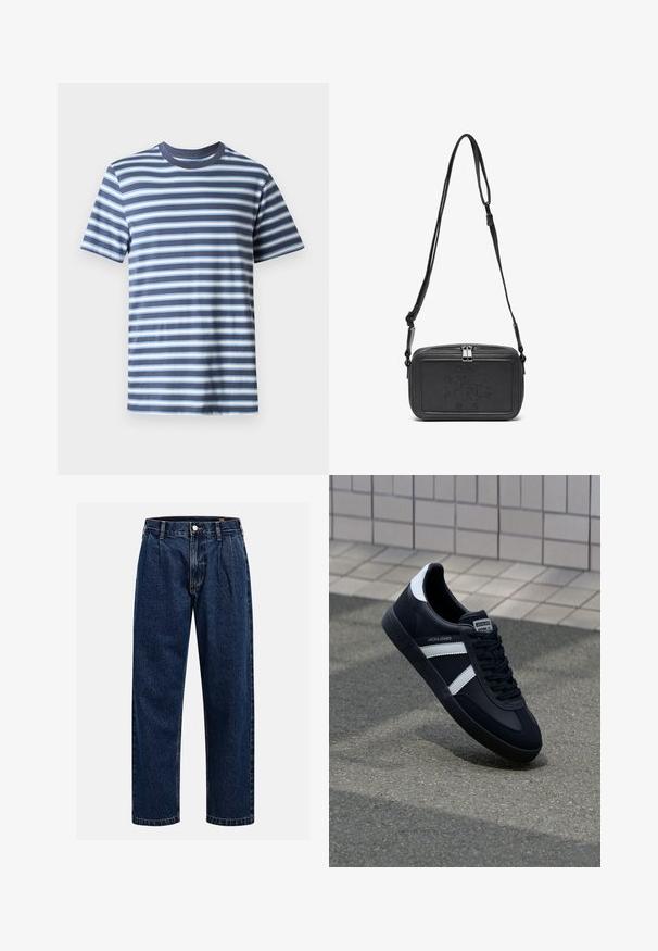 Valkoisilla ja vaaleansinisiä vaakaraitoja varustettu tummansininen raidoitettu t-paita. Klassinen pyöreä pääntieratkaisu, valmistettu pehmeästä puuvillakankaasta.; Tummansininen farkkushortsit suoralla lahkeella. Ominaisuuksiin kuuluvat näkyvät saumat, napitus ja etulaskokset lisäyksinä.; Mustat nahkakengät valkoisilla raidoilla, teksturoitu kumipohja ja nauha edessä. Varustettu merkkitarralla kielen päällä.; Musta nahkainen olkalaukku vetoketjulla, etuosassa kohoamalla painettu logo ja säädettävä hihna. Sujuva pinta ja suorakulmainen muoto.