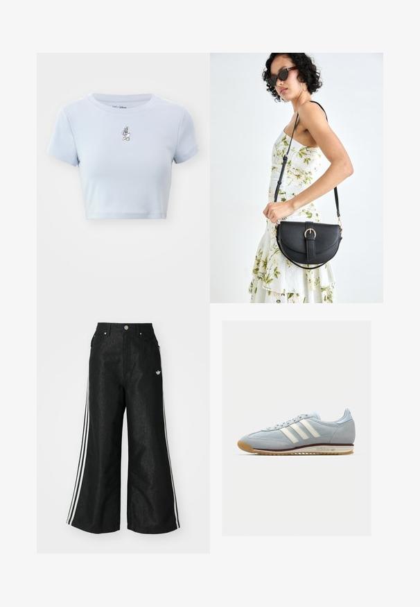 GAP TEE - Apdrukāts T-krekls - jet stream blue; Melni platās kājas džinsi ar trim baltām svītrām katrā pusē un mazu baltu logotipu. Iezīmē priekšējos kabatas un pogu aizdari.; Gaiši zili zamša sporta apavi ar baltām trim svītrām, gumijas zoli un teksturētu sietu. Ietver gludu purngalu un zīmolu uz papēža.; Melnas ādas rokassoma ar izliekta formu, noņemamu siksnu un zelta aksesuāriem. Somai ir vāciņš ar sprādzes detaļu.