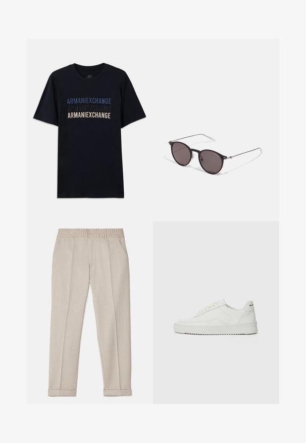 Juodas medvilninis marškinėliai su suplanuotu „ARMANIEXCHANGE“ tekstu mėlynos ir smėlio spalvų atspalviuose, trumpomis rankovėmis ir apvalia iškirpte.; Filippa K TERRY CROPPED TROUSERS - Kelnės - sage melange; Balti odiniai sportiniai bateliai su lygia apdaila, apvaliu pirštu, plokščiais raišteliais ir tekstūruotu padu. Pasižymi subtiliu logotipu ant kulno.; Juodos apvalios saulės akinių su tamsiais lęšiais ir plonomis metalinėmis šakomis. Įtraukti skaidrūs šventyklų galai ir sidabriniai akcentai vyrio srityje. Minimalistinis dizainas.