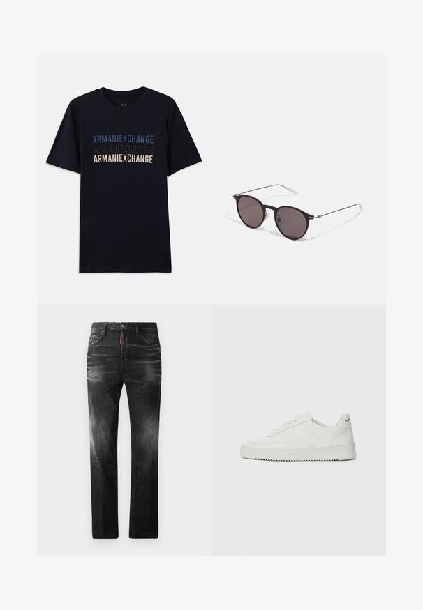 Svart bomullströja med staplade "ARMANIEXCHANGE"-texter i blå och beige nyanser, kort ärm och rundad halsringning.; Svarta denimjeans med rak passform. Har blekta områden, mindre slitningar, klassisk femficksdesign och knäppning med knapp.; Vita lädersneakers med en jämn yta, rund tå, platta snörningar och en strukturerad sula. Har en diskret logotyp på hälen.; Svarta runda solglasögon med mörka linser och smala metallarmar. Inkluderar klara tempeltips och silverdetaljer vid gångjärnet. Minimalistisk design.
