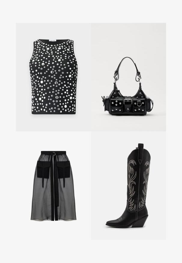 Fekete ujjatlan felső, különböző méretű fém szegecsekkel díszítve, amelyek az anyagon elosztva találhatók. Simaszerű textúra.; Fekete áttetsző szoknya ráncolt derékrésszel, két nagy elülső zsebbel, derékpánttal és kör alakú fém díszítéssel.; Fekete bőr cowboy csizmák hegyes orral, wedge sarkakkal és ezüst hímzett virágmintákkal a szár mentén. Kontraszt varrás az egész csizmán.; Fekete bőr kézitáska ívelt designnal, ezüst szegecsekkel, csattal és két oldalsó zsebbel. Állítható vállpánt a hordozási lehetőségekhez.