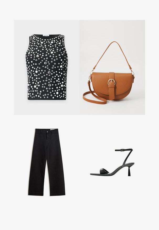 Black sleeveless top featuring an embellished design of varying-sized metallic studs arranged throughout the fabric. Smooth texture.; Black wide-leg denim pants with a high waist, featuring front and back pockets, stitched seams, and a button closure. Smooth texture.; Bershka High heeled sandals - black; Brown leather crossbody bag with a curved shape, gold hardware, and a buckle accent. Features a detachable shoulder strap.