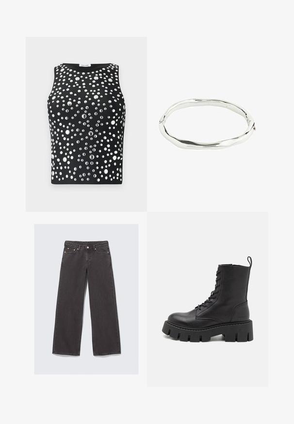 Melns bezpiedurkņu tops ar izšūtu dizainu, kurā ir dažādu izmēru metāla kniedes, kas izkārtotas visā audumā. Gluda tekstūra.; Platas kāju džinsi, izgatavoti no tumši pelēka denima. Iezīmes ietver augstu jostasvietu, vara aparatūru un klasisko piecu kabatu dizainu.; Melnas ādas potītes zābaki ar auklām priekšpusē, biezs platformas zole un cilpiņa izejai; gluda tekstūra un smalka logo uz papēža.; Sudraba metāla bangled ar viļņotu, neregulāru dizainu. Gluda virsma ar spīdīgu apdari, kas atstarot gaismu. Apaļa forma bez pamanāmiem akcentiem.