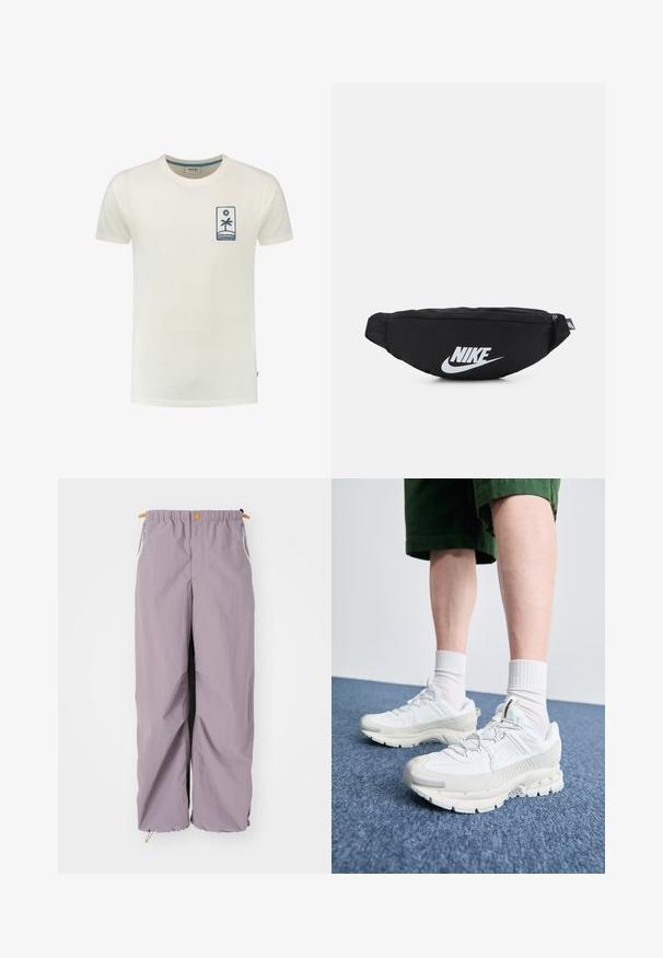Krémové bavlněné tričko s krátkým rukávem, s modrou grafikou palm y a slunce na levé straně hrudi. Kulatý výstřih.; Světlé fialové větrové kalhoty s elastickým pasem, bočními zipy a stahovacími lemy; vyrobené z lehkého, voděodolného materiálu.; Bílé sportovní boty s texturovanými překryvy, masivní podrážkou a šedými akcenty. Na nohou mají bílé ponožky a zelené šortky na modrém povrchu.; Černá nylonová ledvinka s uzávěrem na zip, s velkým bílým logem Nike. Hladký povrch a ergonomický design pro pohodlné nošení.