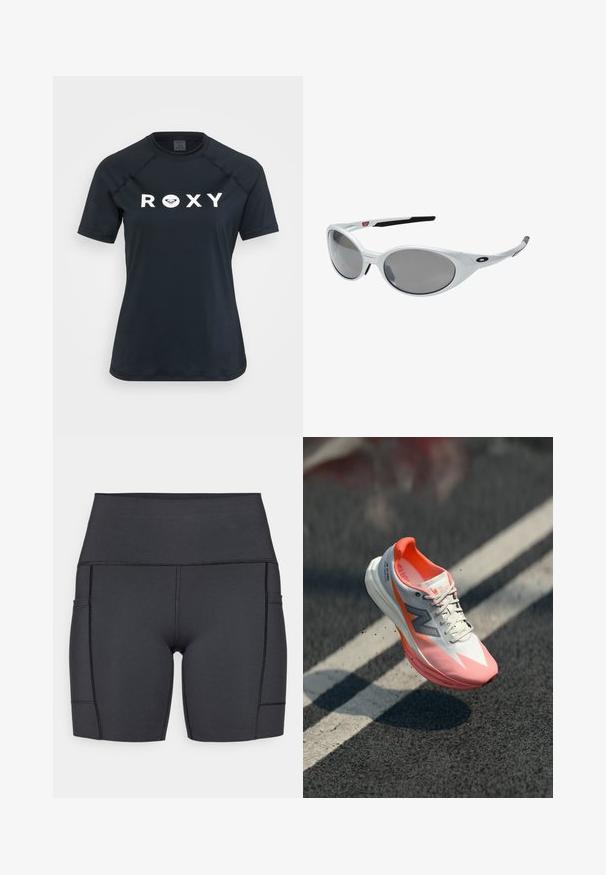 Sort kortærmet rash guard lavet af strækbart materiale, med et hvidt "ROXY" logo på forsiden og en rund halsudskæring.; Sorte højtaljede shorts lavet af strækbart stof, med sidelommer, flade sømme og en glat tekstur for komfort under aktiviteter.; Løbesko med en hvid og pink overdel, der har en mesh-struktur, reflekterende detaljer og en polstret sål. Letvægtsdesign til høj præstation.; Hvide plast solbriller med store ovale linser, gråtonede. Har sorte øre greb og et lille logo på rammen. Glat overflade.