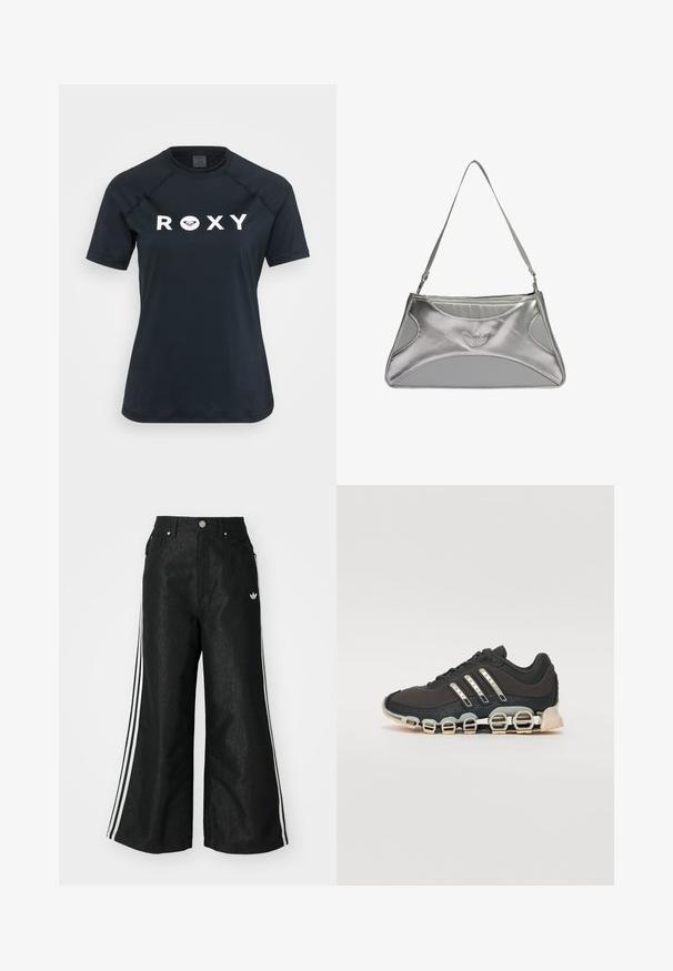 Juoda trumpa rankovė sportinė marškinė, pagaminta iš elastingos medžiagos, su balta "ROXY" logo priekyje ir apvalia kaklo iškirpte.; Juodos plačios džinsinės kelnės su trimis baltais juostelėmis kiekvienoje pusėje ir mažu baltu logotipu. Yra priekiniai kišenės ir sagčių užsegimas.; Juodos sportinės avalynės su tekstūruotu viršumi, trimis sidabro juostomis ir išskirtiniu amortizuojančiu padu, turinčiu kelias integruotas dalis.; Sidabrinė metalinė rankinė su šiuolaikišku, struktūrizuotu dizainu, turinti tekstūruotą paviršių, peties diržą ir reliefinį logotipo akcentą.