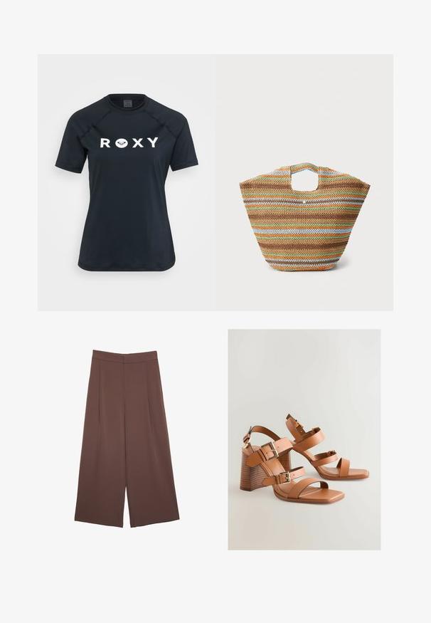 Sort kortærmet rash guard lavet af strækbart materiale, med et hvidt "ROXY" logo på forsiden og en rund halsudskæring.; Brune bredbunde bukser med en glat tekstur, der har høj talje og plisseringer foran. Stoffet er let og falder løst.; Brune læder højhælede sandaler med flere stropper, guldfarvede metaldetaljer og en skrå blokhæl. Glat overflade, åben tå-design.; Vævet stråtaske med flerfarvede striber i brun, grøn, orange og blå. Har en flad form og to håndåbninger. Letvægtsdesign.