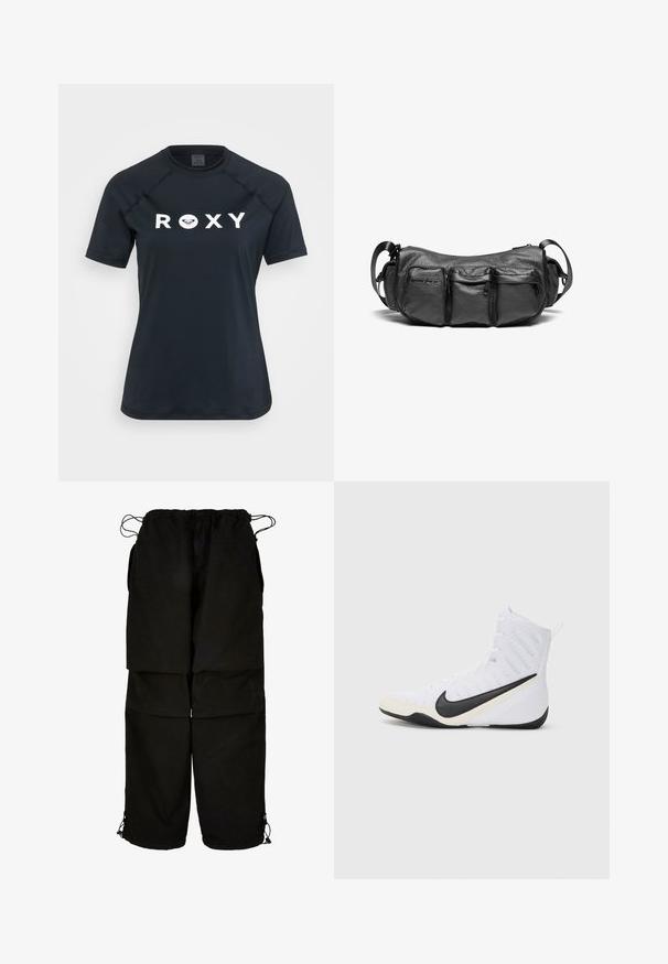 Maglietta da surf nera a maniche corte realizzata in materiale elasticizzato, con un logo bianco "ROXY" sulla parte anteriore e design a collo rotondo.; Pantaloni neri realizzati in tessuto leggero, con vita regolabile e orli con cordoncino. Progettati con una vestibilità ampia e diverse tasche.; Scarpa sportiva Nike in mesh bianco con swoosh nero. Presenta un design a taglio alto, puntale rinforzato e suola esterna nera testurizzata.; Borsa a tracolla in pelle nera con una finitura testurizzata. Presenta tre tasche esterne e una tracolla regolabile. Forma compatta e arrotondata.