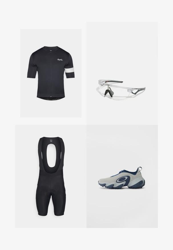 Black cycling jersey with short sleeves, full-length zipper, and white stripe on the left arm. Smooth fabric texture, fitted design.; Black cycling bib shorts with a scoop neckline, padded chamois, and stretchy fabric. Fitted silhouette with smooth seams and no visible hardware.; Shoe with a gray upper and navy accents, features a curved design, smooth texture, and a chunky sole with treaded blue rubber.; Clear safety glasses with a lightweight, transparent frame and gray accents. Features a wraparound design and adjustable nosepiece.