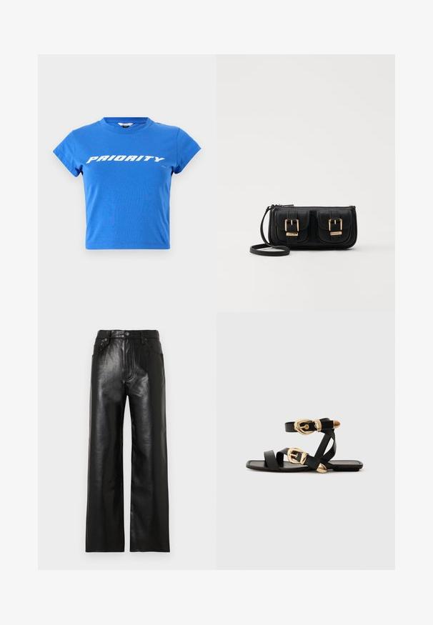 Blauwe katoenen cropped t-shirt met korte mouwen en een ronde halslijn, met de tekst "PRIORITY" in vetgedrukte witte letters over de borst gedrukt.; Zwarte lederen broek met wijde pijpen en een glanzende afwerking, voorzien van steekzakken aan de voorkant, een ritssluiting en een knoopsluiting. Overal een gladde textuur.; Zwarte leren sandaal met gouden gespaccenten, voorzien van meerdere banden en een vlakke zool voor open-teenschoen gebruik.; Zwarte leren schoudertas met twee vo pockets, gouden gespen, ritsluiting en een smalle band. Tekstuur oppervlak en compacte rechthoekige vorm.