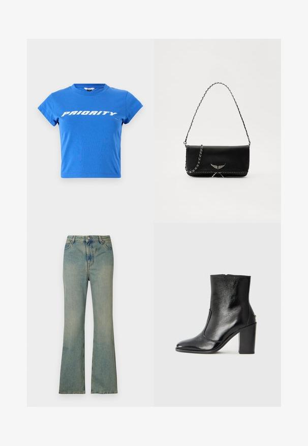 Zila kokvilnas īsās piedurknes krekliņš ar apaļu kakla izgriezumu, uz kura krūtīm ir drukāts bolder baltā krāsā vārds "PRIORITY".; Gai zila denima platās bikses ar augstu jostasvietu, piecām kabatām un rāvējslēdzi. Tīra, izbalējusi apdare ar smalkiem šuvumiem.; Melnas ādas potīšu zābaki ar gludu tekstūru, smailu purngalu un masīlu augstu papēdi. Iekļauts sānu atvērums un minimālistisks dizains.; Melnas ādas rokassomā ar sudraba ķēdes siksnu, kurai ir dekoratīvi spārnu akcenti un baltā šuvēšana apakšējā šuvē.
