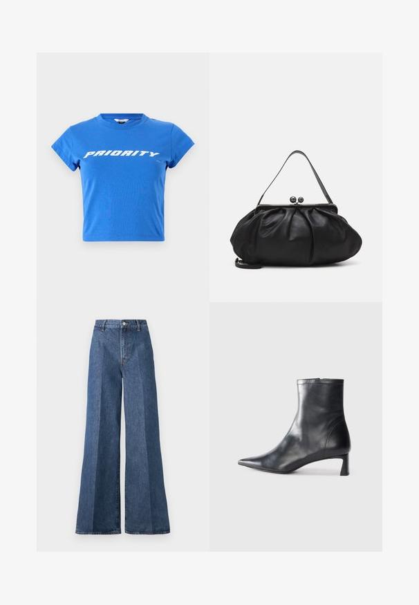 Blue cotton cropped t-shirt featuring short sleeves and a round neckline, with "PRIORITY" printed in bold white text across the chest.; Wide-leg blue denim jeans with a high waist, featuring classic five-pocket styling and a button closure, made from textured cotton fabric.; Black leather ankle boot with a pointed toe and a sleek design. Features a low heel and a zipper closure at the back. Smooth texture.; Black leather handbag with a rounded, pleated design. Features a metallic clasp with two decorative balls and a slim, detachable strap.
