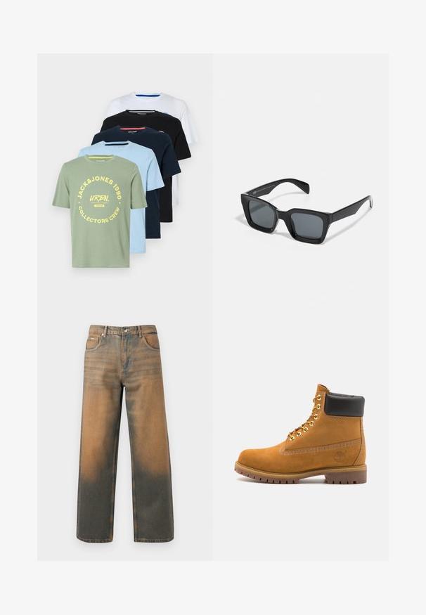 Cinco camisetas exhibidas en fila: verde oliva, azul claro, azul marino, negra y blanca. Cada una presenta un cuello redondo y diferentes logotipos.; Jeans de pierna ancha en denim azul y marrón desgastado. Presentan una cinturilla alta, bolsillos delanteros y un cierre de botón clásico con acentos metálicos.; Botín de ante marrón claro con collar acolchado negro, ojales de metal dorado, detalles de costura blanca y suela de goma resistente con tacos pronunciados.; Gafas de sol rectangulares negras con lentes oscuros. Montura de plástico con un acabado brillante, que cuenta con un puente ancho y brazos ligeramente cónicos.