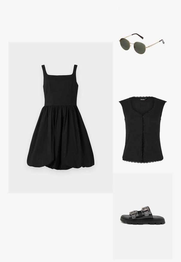 Must have ribatriba, musta ilma varrukatops, millel on laineline kaelus ja esiküljel nööbid, ning alläärel lace trim.; Mustmustäriga kleit, millel on ruudukujuline kaelus, kitsas kehaosa ja kogutud, laienev seelik, mis lõpeb ümarate äärtega. Sile kangas.; Mustad mustad mustad, millel on kaks laialdast rihma dekoratiivsete nukkide ja detailsete pandlitega, paigutatud tugevatele tekstureeritud kummitaldadele.; Ümmargused prillid metallkuldses raamis ja tumerohelistes läätsedes. Käed on kaunistatud kilpkonnakilbi mustriga, mis lisab sisu.; Must mustrakk nahast kott, millel on polsterdatud tekstuur, kaarjas kuju, hõbedane kettvöö ja väike logoaktsent ees.