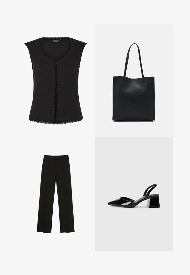 Črna brezrokavnica iz rebraste tkanine, s valovitimi robovi okoli vratu in sprednjimi gumbi, ter čipkastim robom na dnu.; Črne široke hlače iz gladkega materiala, z oprsnikom in diskretnimi sprednjimi plisami za dodano teksturo.; Črne lakirane slingback pete s koničastim nosom in geometrijsko blokasto peto. Imajo eleganten, minimalističen dizajn in gladko teksturo.; Črna usnjena torba s svilnato teksturo, pravokotne oblike in dvema dolgima ročajema. Brez vidnih metalnih delov ali okrasnih elementov.