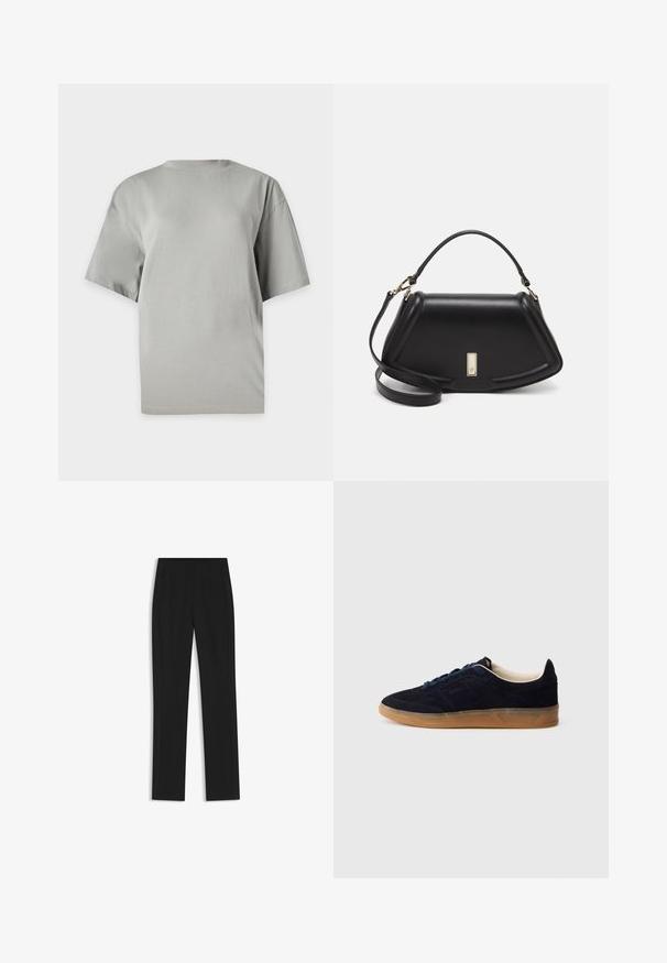 Harmaa ylipitkä t-paita, joka on valmistettu pehmeästä puuvillasta. Siinä on pyöreä pääntie ja lyhyet hihat, sekä sileä pinta ilman kuvioita.; Mustat räätälöidyt housut suoran lahkeen designilla, joissa on etutaskut ja sileä, teksturoitu kangas. Siistit, minimalistiset yksityiskohdat.; Laivastonsininen mokkanahkainen tennari, jossa on kuminahkainen pohja, siniset nauhat ja minimalistinen muotoilu. Sivussa on kohokuvioitu logo ja sisäpuolella sileä vuori.; Mustalla nahkalaukulla, jossa on jämäkkä muotoilu, lyhyt malli, yläkahva ja kultaiset yksityiskohdat. Säädettävä olkahihna sisältyy.