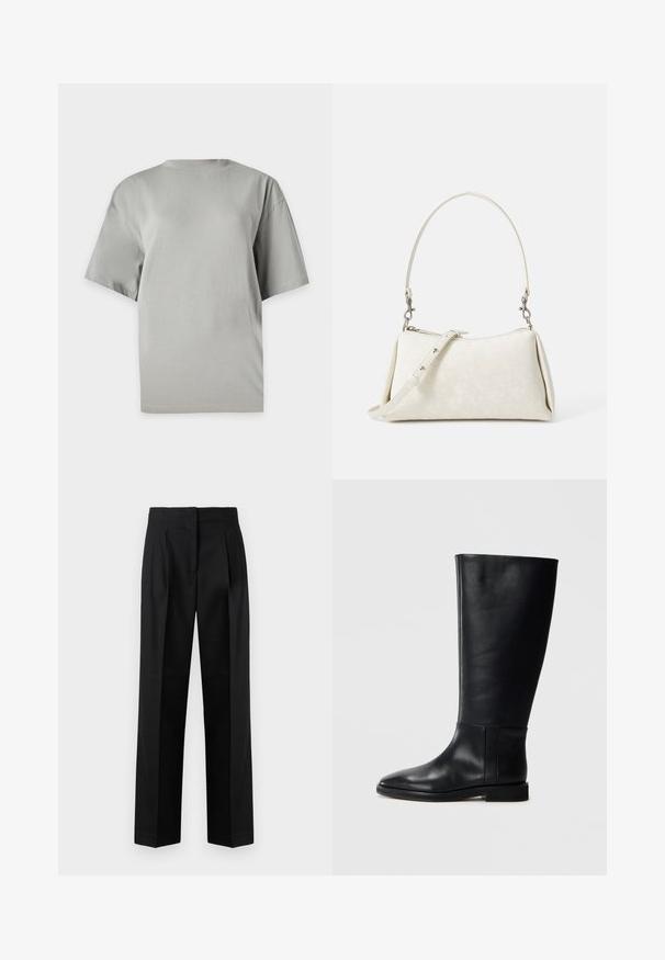 Szürke, oversized póló, puha pamutból készült. Kerek nyakkivágással és rövid ujjakkal rendelkezik, sima felülete van, és minta nélküli.; Fekete nadrág szövetből, szabott kialakítással, pliszírozott, egyenes szárral és lapos elülső résszel. Tartós és sima tapintású.; Fekete bőrből készült, térd fölé érő csizma, lekerekített orral, sima felülettel, minimalista dizájnnal és lapos talppal. Egyszerű varrási részletek a szárán.; Fehér kézitáska sima textúrával, ívelt sziluettel és állítható vállpánttal. Diszkrét logó minta és ezüstszínű kiegészítők jellemzik.