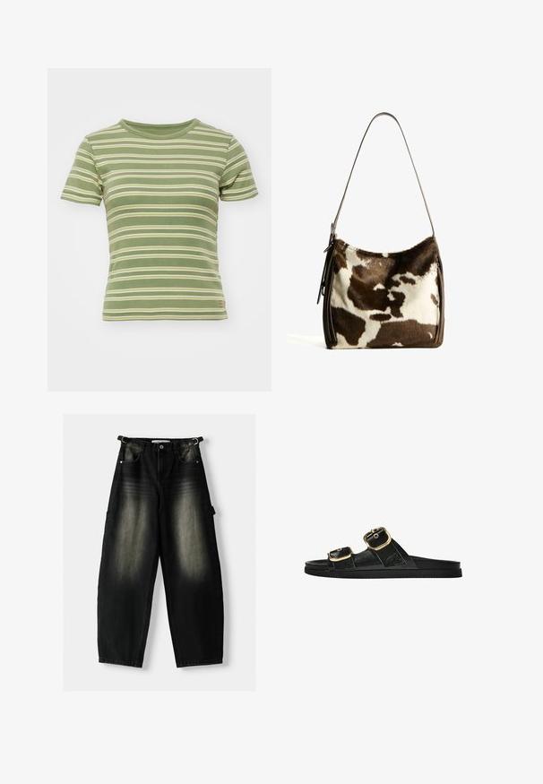 BDG Urban Outfitters STRIPE BABY - Tričko s potlačou - green; Voľné čierne deninové nohavice s vyblednutou textúrou, piatimi vreckami a poutkom na páse. Dizajn sa vyznačuje voľným strihom a rovnými nohavicami.; Čierne šľapky s dvoma zlatými prackami, hladký textúrovaný materiál, plochá podrážka a minimalistický dizajn.; Hnedo-krémová kravská koža cez plece s hladkým koženým remienkom, zipsovým uzáverom a mäkkým, textúrovaným povrchom s prírodným vzorom.