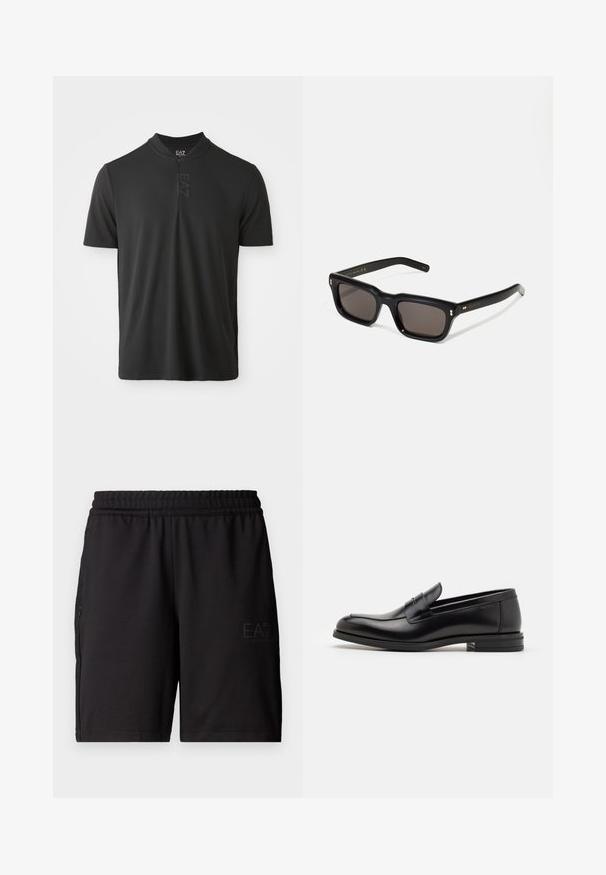 Černé polokošile s krátkým rukávem vyrobená z hladkého materiálu, s stojáčkovým límečkem a částečným zipem, s jemným logem na hrudi.; Černé sportovní šortky vyrobené z lehkého materiálu, s elastickým pasem a bočními panely z síťoviny. Na přední straně je vytištěno logo značky.; Černé kožené polobotky s hladkou texturou, zaoblenou špičkou a zdobným páskem přes nárt. Nízký stohovaný podpatek, minimalistický design.; Černé obdélníkové sluneční brýle s tmavými skly, silným plastovým rámem, zlatými akcenty na spáncích a vyrytým logem značky na nožičce.