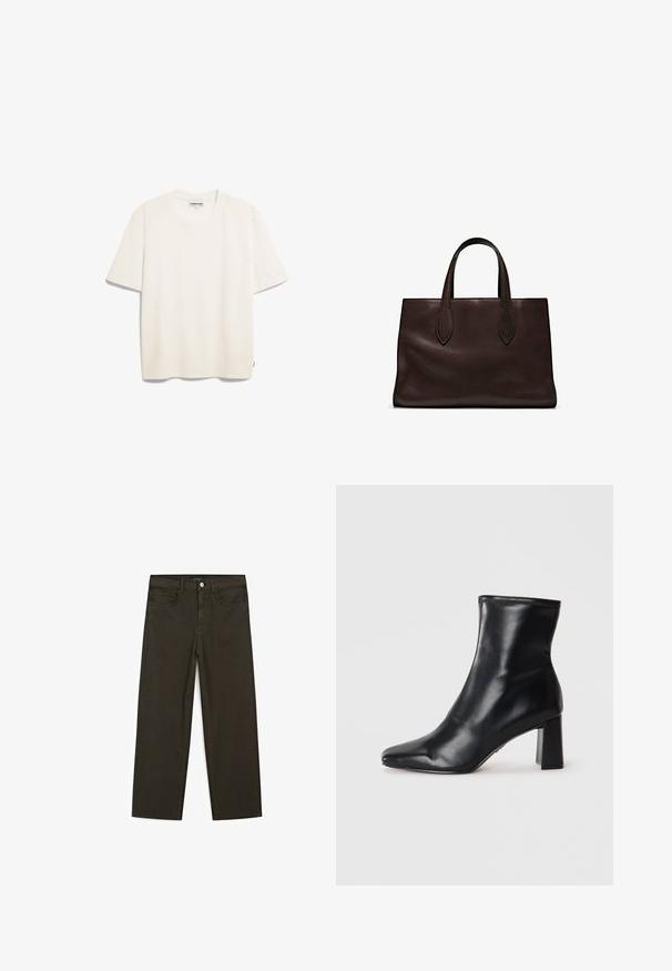 T-shirt a manica corta con scollo a crew, realizzato in cotone morbido e leggero. Colore beige chiaro con una vestibilità rilassata e un'etichetta sul lato della cucitura.; Jeans a gamba larga di colore verde scuro, realizzati in tessuto misto cotone, dotati di chiusura con bottone frontale, cinque tasche e cuciture classiche in denim.; Stivaletto in pelle nera con punta affusolata e tacco a blocco strutturato. Texture liscia con un design elegante e minimalista.; Borsa a spalla in pelle marrone con due manici lunghi, forma rettangolare strutturata, texture liscia e dettagli di cucitura sottili.