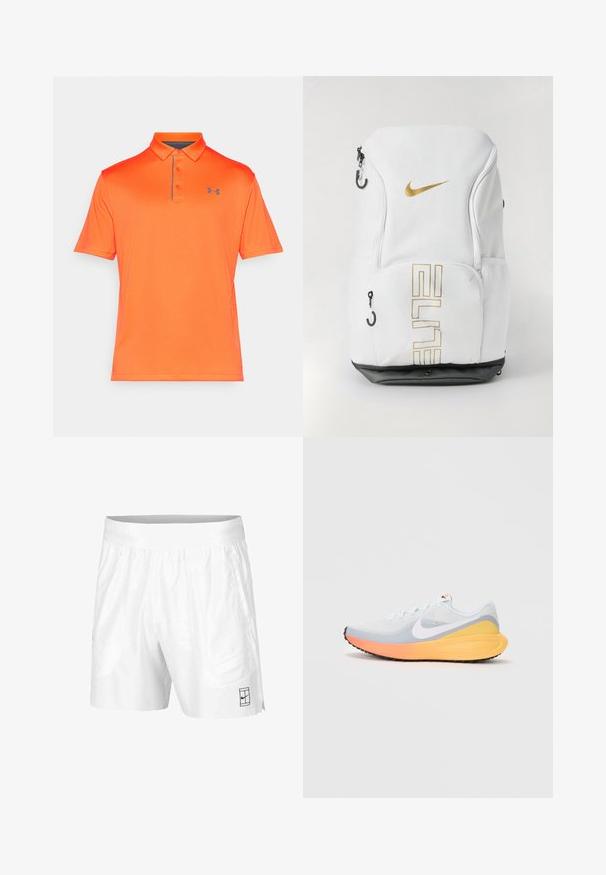 Camisa polo laranja de mangas curtas, com gola e uma lista de três botões. Apresenta uma textura subtil e um pequeno logótipo cinza no peito.; Calções atléticos brancos feitos de um tecido leve com um cós elástico, apresentando dois bolsos laterais e um pequeno logotipo preto na bainha.; Sapatilha de corrida azul clara com um upper de malha respirável. Apresenta um swoosh branco, entressola laranja e amarela, e sola preta para tração.; Mochila Nike em branco com logótipo dourado e texto "ELITE", fechos com zip e bolsos laterais em rede, e base inferior preta. Textura suave.