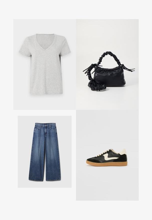 Szürke V nyakú póló, puha pamut anyagból, rövid ujjakkal és laza fazonnal, sima textúrával, minták vagy díszítések nélkül.; Széles lábú kék farmernadrág elhalványodott felülettel, gombos és cipzáras záródással, öt zsebbel és övhurkokkal.; Fekete velúr és bőr sneaker, krém színű oldalsó swoosh-sal és világos krém színű sarokkal. Beigézett fűzőkkel és gumi talppal rendelkezik.; Fekete műbőr kézi táska krokodil bőr textúrával, összehúzható tetejű és gyűrt pánttal. Lágy és kompakt dizájnúnak tűnik.