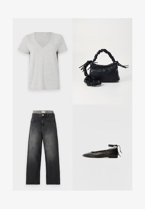 Grå v-hals t-skjorte laget av myk bomullsvev, med korte ermer og en avslappet passform, med en jevn tekstur og uten mønstre eller detaljer.; Sorte denim bukser med vide ben og et houndstooth-mønstret taljebånd. Funktioner inkluderer forlommer og knappelukning. Slidt tekstur.; Svarte lær balletflater med spiss tå, ankelbånd og flat såle, som har en glatt tekstur og minimalistisk design.; Svart faux skinn-håndveske med krokodilletekstur, strammet topp og en rynket stropp. Ser myk og kompakt ut i designen.