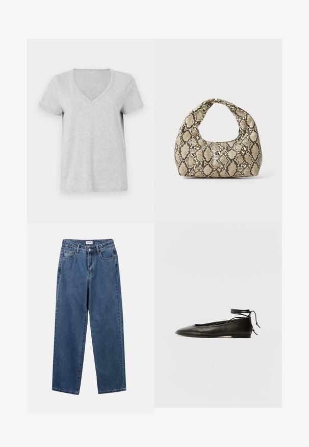 Grå v-hals t-shirt lavet af blødt bomuldsstof, med korte ærmer og en afslappet pasform, der har en glat tekstur uden mønstre eller accenter.; Klassiske blå denimbukser med lige ben, fem lommer og knaplukning. Har en medium vask og en robust tekstur.; Sorte læder ballerinaer med spids tå, ankelbinding og flad sål, der har en glat tekstur og minimalistisk design.; Slangeprint håndtaske med et buet håndtag. Lavet af strukturerede, beige og brune materialer, med et karakteristisk diamantmønster.