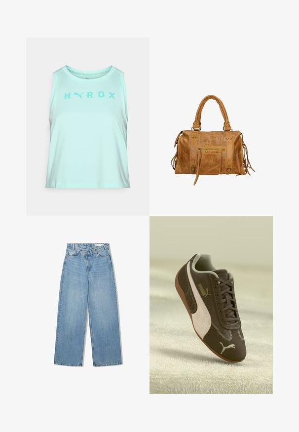 Licht turquoise tanktop gemaakt van zachte stof, met een ronde halslijn en ruime armsgaten, waarop het woord "HYROX" in donkerder turquoise is gedrukt.; Lichtblauwe wijde jeans van denim, met een hoge taille, vijf zakken, knoopsluiting en subtiele vervaging voor textuur.; Bruine Puma sneaker met een beige streep en logo, met veters, rustend op een gestructureerde beige ondergrond.; Tan leren handtas met twee korte handvatten, ritsvak, metalen accenten en decoratieve zijtassels. Zachte textuur met een licht gerimpelde afwerking.; Zilveren oorbellen in de vorm van een gladde, gepolijste ring. Beschikt over een unieke ovale vorm en een veilig klapsysteem. Gemerkt met "925" voor sterling zilver.