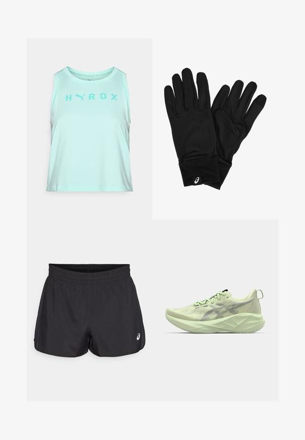 Gaiši tirkīza krāsas bezpiedurkņu topiņš, izgatavots no mīksta auduma, ar noapaļotu kakla izgriezumu un platām roku atverēm, ar vārdu "HYROX" drukātu tumšākā tirkīza krāsā.; Melnas sporta šortus ar elastīgu jostasvietu, gludu tekstūru, izliekto apakšu un sānu sietu akcentiem. Priekšpusē ir neliela logo.; Gaiši zaļš sporta apavs ar tīklu augšdaļu, strukturālām akcentiem un biezu, stūrainu zoli, kas nodrošina uzlabotu amortizāciju un atbalstu.; Melnas cimdi, izgatavoti no mīkstas, stiept auduma, kas cieši pieguļ rokai. Iekļauj tiem biezas aproces un mazu logotipa birku uz plaukstas zonas.