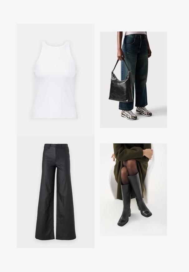 Fehér ujjatlan trikó ribbed anyagból, lekerekített nyakkivágással és testhez simuló siluettel, minimális varrásokkal és díszítések nélkül.; Fekete, bő szabású nadrág mesterséges bőrből. Jellemzője a magas derék, övhurkok, két elülső zseb és varrott részletek.; Térdfelett érő fekete bőr csizmák négyzet alakú orral és tömbtalppal, olajzöld kabátban ülő modellel bemutatva. Simaság, minimalista részletezés.; Fekete bőr válltáska sima textúrával és állítható pánttal, melyet elnyűtt, bő szárú farmernadrággal és sportcipőkkel párosítottak.