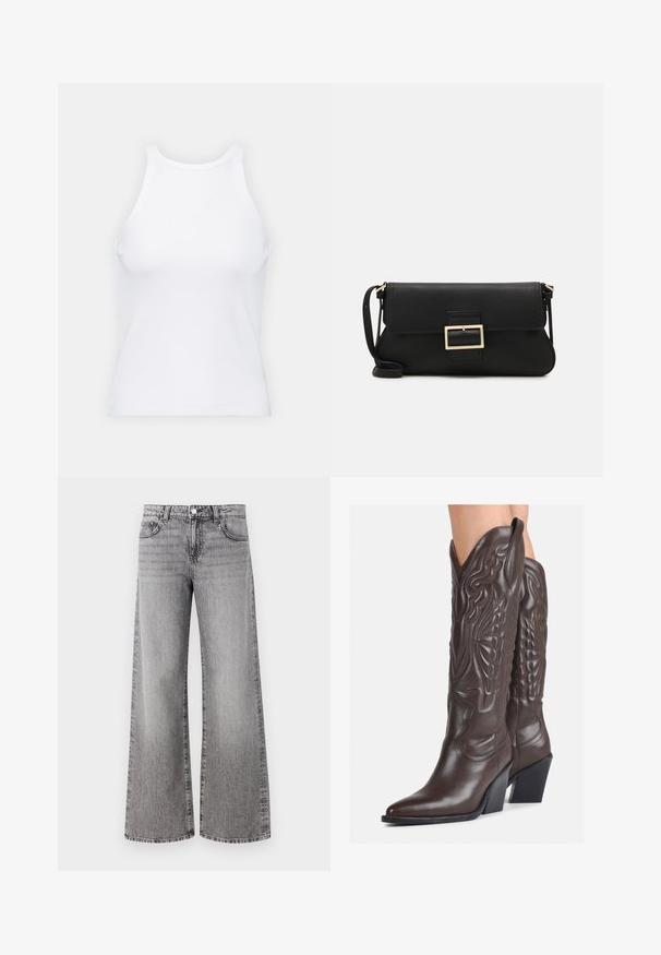 Bela brezrokavna majica iz rebraste tkanine, z zaobljenim izrezom in prilegajočim silhueto, z minimalnimi šivi in brez okraskov.; Ženske široke hlače iz sive denima s pošbljenim zaključkom. Imajo klasične žepe in gumbasto zapiranje v pasu.; Rjave usnjene kavbojske čevlje z ostrim nosom in blok peto, ki vsebujejo podrobno šivanje in dvignjene dodatke na zgornjem delu.; Črna usnjena torbica na preklop z zlato kovinsko zaponko. Vključuje črn trak in eleganten, minimalističen dizajn.; Srebrni uhani v obliki obročka s spiralnim dizajnom, ki imajo sijajno površino in zapiralo na zadnji strani. Mere znašajo približno 3 cm v premeru.