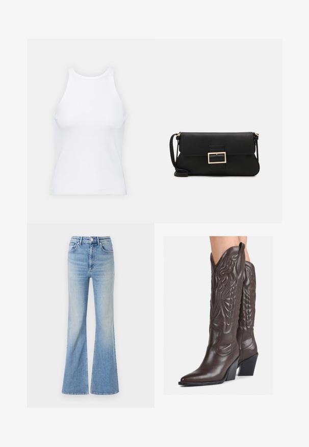 Weißes ärmelloses Tanktop aus geripptem Stoff, mit rundem Ausschnitt und figurbetonter Silhouette, minimalen Nähten und ohne Verzierungen.; Helle blaue Schlagjeans aus Denim mit hoher Taille, fünf Taschen und subtilem Farbverlauf bis zum Saum.; Braune Leder-Cowboy-Stiefel mit spitzem Punkt und Blockabsatz, die über detaillierte Stickereien und hervorgehobene Akzente am Schaft verfügen.; Schwarze Leder-Clutch mit Klappe und goldfarbenem Metallschnallen-Detail. Enthält einen schwarzen Riemen und ein schlankes, minimalistisches Design.
