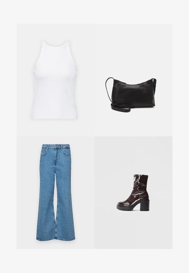 Top de tirantes blanco sin mangas hecho de tela acanalada, con un escote redondeado y una silueta ajustada, con costuras mínimas y sin adornos.; Jeans acampanados de color azul claro hechos de denim, con una cintura alta, cinco bolsillos y un cierre de botón. Textura suave con acabado desgastado.; Botín burdeos brillante hasta el tobillo con un tacón negro grueso, que presenta una textura suave y un diseño sencillo. Sin cierres ni patrones visibles.; Bolso de hombro de cuero negro con una textura suave, forma curvada, correa ajustable y cierre con cremallera. Diseño minimalista sin adornos.