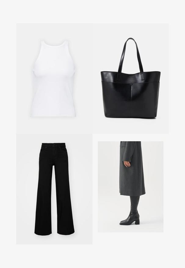 Baltas be rankovių marškinėlis, pagamintas iš išklotinės medžiagos, su apvaliu iškirpimu ir prigludusia siluetu, minimaliais siūlais ir be dekoracijų.; Juodos plačios kelnės iš denimo, turinčios struktūruotą juosmenį, diržo kilpas ir priekines kišenes. Lygus paviršius su klasikinio dizaino elementais.; Pilkas pritaikytas paltas su tiesiu kirpimu; derinamas su juodais odiniais batais iki kelių, turinčiais kvadratinį pirštą ir storą kulną.; Juoda odinė rankinė su dviem ilgais diržais, lygiu paviršiumi ir struktūrizuota forma. Yra priekinė kišenė papildomam saugojimui.