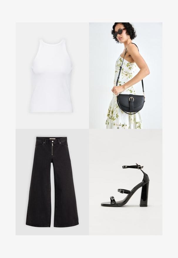 Balta bezpiedurkņu topiņš no ribotā auduma, ar noapaļotu kakla izgriezumu un pieguļošu siluetu, ar minimālām šuvēm un bez rotājumiem.; Platas kājas džinsi melnā džinsa audumā ar rāvējslēdzēju priekšā, piecu kabatu dizains un smalkas šuvju detaļas. Gluda tekstūra un ikdienišķs stils.; Melnas lakotas augstpapēžu čības ar kvadrāta purngalu, potīšu siksniņām un sudraba sprādzēm. Aprīkotas ar masīvu bloku papēdi stabilitātei.; Melnas ādas rokassoma ar izliekta formu, noņemamu siksnu un zelta aksesuāriem. Somai ir vāciņš ar sprādzes detaļu.