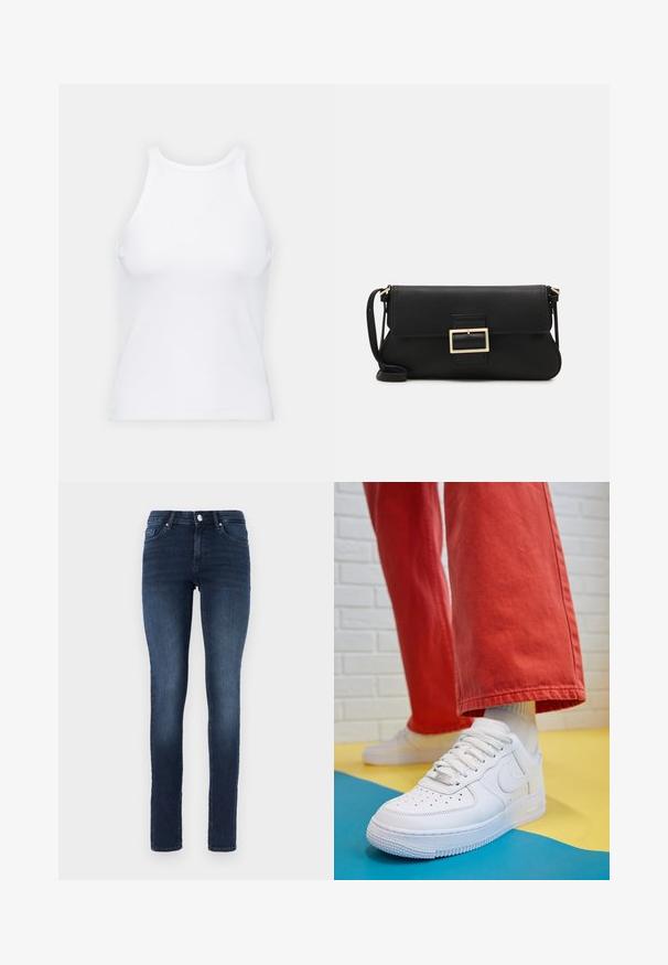 Top de tirantes blanco sin mangas hecho de tela acanalada, con un escote redondeado y una silueta ajustada, con costuras mínimas y sin adornos.; Jeans skinny azul oscuro de mezclilla, con un clásico diseño de cinco bolsillos, cierre de botón y un ligero desgaste en los muslos.; Zapatilla de cuero blanco con caja de dedos perforada, suela texturizada y cordones blancos, combinada con pantalones rojos amplios y un fondo azul y amarillo.; Bolso de mano de cuero negro con una solapa y un detalle de hebilla de metal dorado. Incluye una correa negra y un diseño elegante y minimalista.; Aretes de aro de oro con un acabado suave y brillante. Diseño circular que presenta un pequeño post y un respaldo transparente para un uso seguro.