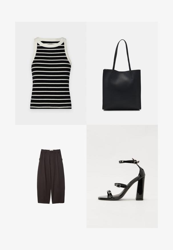 GAP MOD RIB HALTER CROP - Top - black/white; Sorte brede bukser lavet af et glat stof, med høj talje, forfaldne folder og sidelommer. Simpelt design uden udsmykninger.; Sorte patenterede hælsandaler med firkantet tå, ankelremme og sølvspænder. Har en chunky blokHæl for stabilitet.; Sort læder tote taske med glat tekstur, rektangulær form og to lange hanke. Ingen synlig hardware eller udsmykninger.