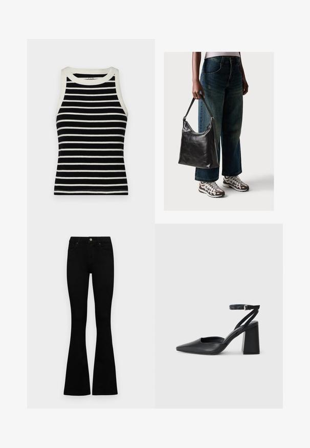 GAP MOD RIB HALTER CROP - Top - black/white; Černé vysoké džíny s knoflíkem a zipovým zapínáním, předními kapsami a rozšířenými nohavicemi, ležící na bílé podložce.; Černé kožené lodičky se špičatou špičkou, kotníkovým páskem a silným podpatkem. Hladká textura, elegantní design a minimalistická estetika.; Černá kožená kabelka přes rameno se hladkým povrchem a nastavitelným popruhem, spárovaná s vybledlými džínami širokého střihu a sportovními teniskami.