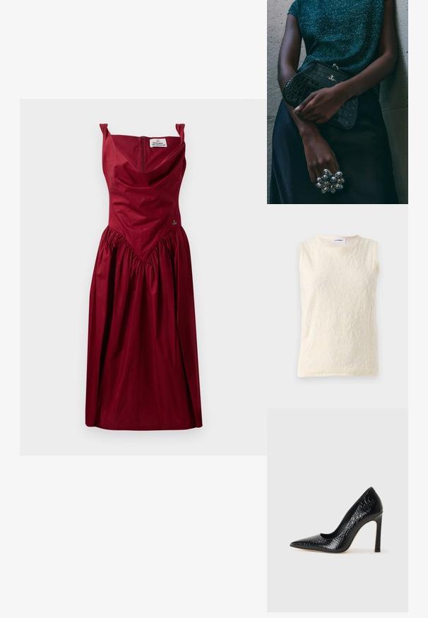 Top sin mangas en crema claro, hecho de una tela texturizada con un patrón floral. Presenta un escote redondo y costuras expuestas como detalle.; Vestido burdeos con un corsé ajustado y falda recogida. Cuenta con tirantes descubiertos, una cremallera en la parte posterior y un detalle de bordado decorativo.; Zapato de tacón alto negro con punta afilada y textura de piel de cocodrilo, que presenta un diseño elegante, un alto tacón de aguja y un interior negro suave.; Bolso de mano negro con estampado de cocodrilo y herrajes plateados, sostenido frente a un fondo gris texturizado. Presenta una superficie brillante.