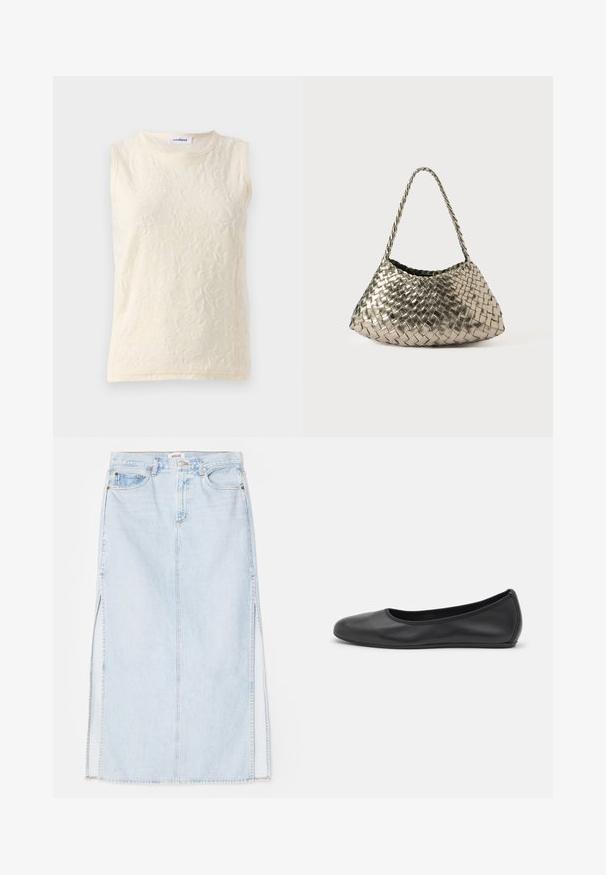 Sleeveless top in light cream, made of textured fabric with a floral pattern. Features a crew neckline and exposed seams for detail.; Light blue denim maxi skirt with a straight cut, featuring side slits and five-pocket design. Prominent stitching and metal button closure.; Black leather ballet flat with a rounded toe, smooth texture, minimal stitching detail, and a flexible sole design.; Metallic woven handbag with a triangular shape, featuring a braided strap and a velvet-lined interior. Color: silver. Texture: smooth and fabric-like.