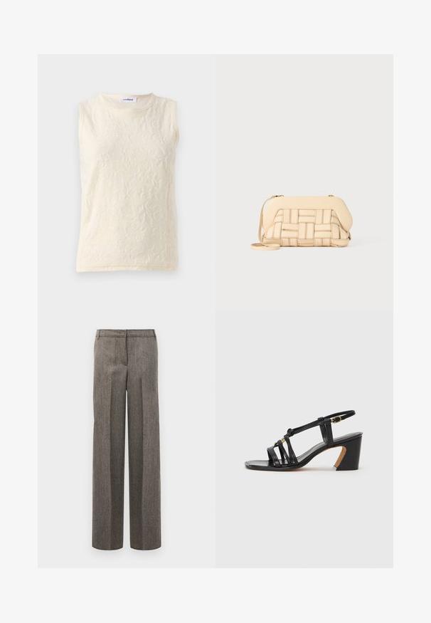 Halenka bez rukávov vo svetlej krémovej farbe, vyrobená z texturovanej tkaniny s kvetinovým vzorom. Má okrúhly výstrih a odhalené švy pre detail.; Sivé vzorované nohavice s prispôsobeným strihom, širokými nohavicami a hladkou textúrou, s plochým predným dielom a pútkami na opasok.; Paul Smith AMIRA - Klasické lodičky na opätku - black; Tkaná béžová kabelka so štruktúrovaným dizajnom, s hladkým vrchom a dlhým popruhom. Textúrované detaily zlepšujú celkový vzhľad.