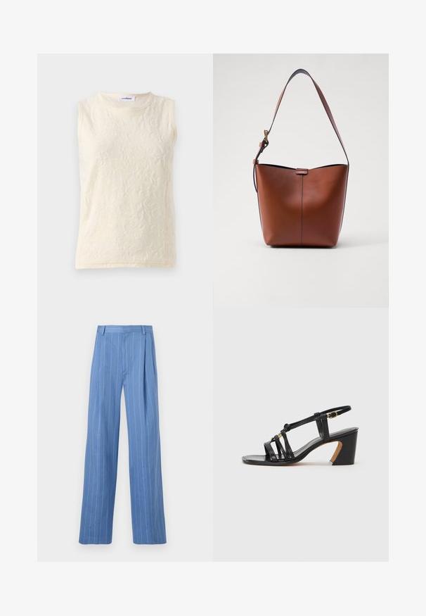 Bez piedurknēm, gaismas krēmkrāsas topiņš, izgatavots no strukturēta auduma ar ziedu rakstu. Iezīmējas ar apaļu kakla izgriezumu un atklātām šuvēm kā detalizāciju.; Gaiši zili platajā kāja bikses ar vertikālām balta līnijām. Izgatavotas no gluda materiāla, ar priekšējo kroku un vienkāršu jostas dizainu.; Paul Smith AMIRA - Klasiski papēži - black; Brūna ādas plecu soma ar izliekta formu, gludu tekstūru un vienu plānu siksnu. Iekļauj subtilu šuvumu un mazu logotipa detaļu.