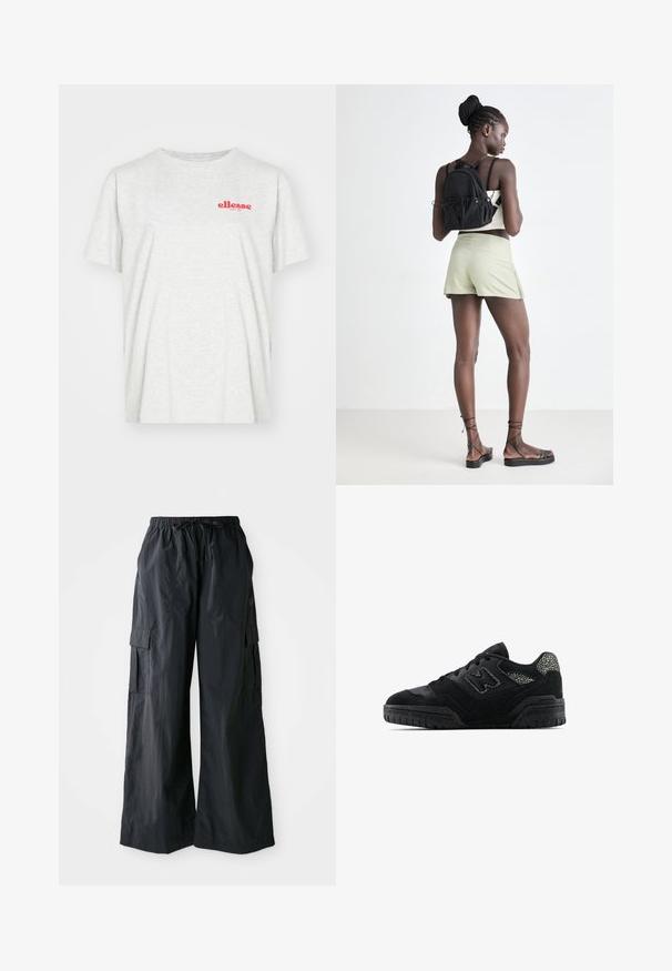 Grijze katoenen t-shirt met korte mouwen, met een rode "ellesse" logo op de borst. De stof is zacht en heeft een lichte structuur.; Zwarte cargobroek van lichtgewicht stof, met een wijd ontwerp, elastische tailleband en meerdere zijzakken. Eenvoudig en functioneel.; Zwarte low-top sneaker met een gestructureerde zool, vetersluiting, suède panelen en een patroonaccent op de hiel en het zijlogo.; Zwarte rugzak met trekkoord, lichtgroene shorts, beige top en zwarte sandalen met bandjes. Model poseert vanachter tegen een lichte achtergrond.