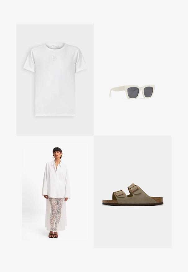 sandro T-shirts basic - blanc; Gul bomulds skjorte med knaplukning og lange ærmer, klassisk kravesnit, og broderet logo på brystet. Glat tekstur, skræddersyet pasform.; Hvid button-up skjorte med lange ærmer, parret med gennemsigtige hvide blondebukser med blomstermønster og et langt bagdrapering. Sorte sandaler.; Lys taupe ruskindsandale med to justerbare stropper og hardware i rosaguld. Korkfodbed på en tekstureret brun sål. Åben tå-design.; Hvide plastik solbriller med grå linser. Fyrkantet stelform. Har subtil branding på armen. Glat tekstur med en mat finish.