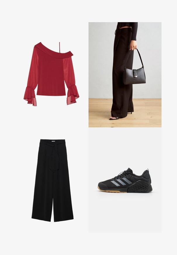 Anna Field OFF SHOULDER LS TOP WITH STRAP AND CHIFFON SLEEVESAN6_FW24_2-1-D_079 / 303 - DARK RED - Langarmshirt - dark red; Schwarze weite Hosen aus strukturiertem Stoff, mit elastischem Bund und einem abnehmbaren Bindegürtel in der Taille für eine verstellbare Passform.; Schwarzer Sportschuh mit Mesh-Obermaterial, grauem drei-Streifen-Design, Gummisohle und strukturierten Akzenten an der Ferse und der Seite.; Schwarze Handtasche mit strukturierter Form, glatter Textur und einem metallischen Verschluss. Kombiniert mit weiten schwarzen Hosen und offenen Sandalen auf einem Holzboden.