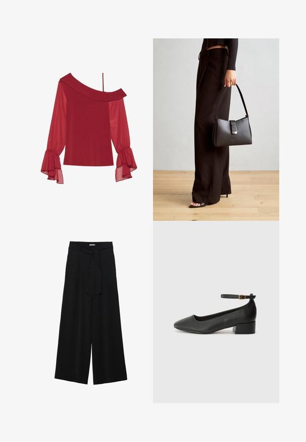 Anna Field OFF SHOULDER LS TOP WITH STRAP AND CHIFFON SLEEVESAN6_FW24_2-1-D_079 / 303 - DARK RED - Hosszú ujjú felső - dark red; Fekete, bő szárú nadrág, texturált anyagból, rugalmas derékpánttal és levehető sállal a derekán, amely állítható illeszkedést biztosít.; Fekete bőr magassarkú cipő hegyes orral és alacsony tömb sarkal. Bokapánttal rendelkezik, aranyszínű csattal. Simább textúra.; Fekete kézi táska strukturált formával, sima textúrával és fémből készült záródással. Széles fekete nadrággal és nyitott orrú szandállal párosítva, fából készült padlón.